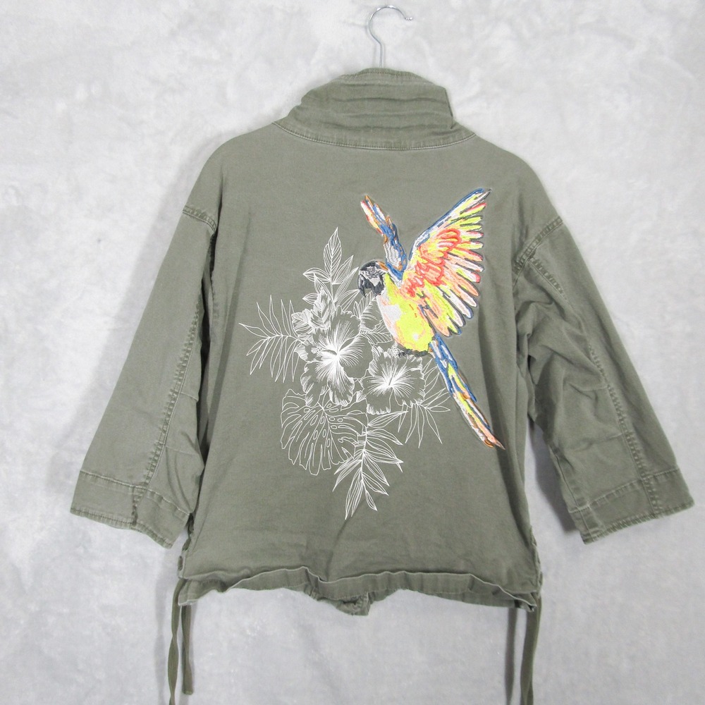 Express Jacket Medium Olive Green Parrot Embroidered Drawstring Utility Coat